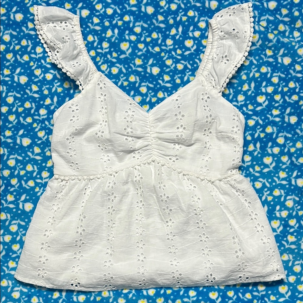 White Eyelet Ruffle Sleeve Top